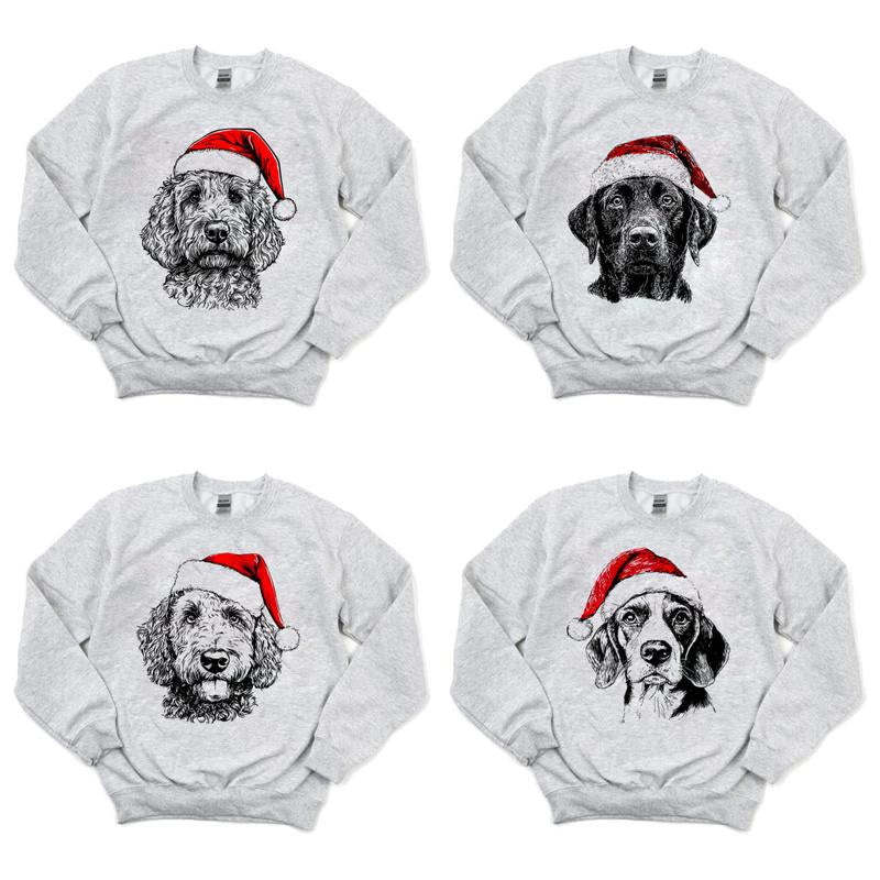 Festive Santa Paws Holiday Dog Pullover ASH GREY Sweatshirt – Custom Dog Breeds in Festive Santa Hat | Gildan Unisex Holiday Pullover