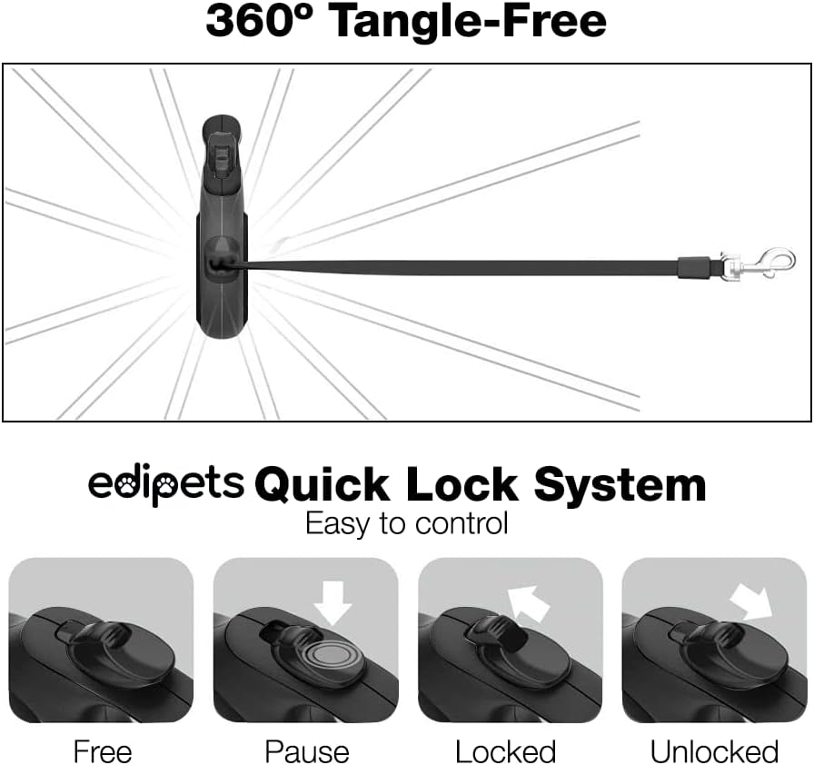Edipets, Correa Perro Extensible, Retráctil, 5 Metros, 360º Sin Enredos, Cinta De Nailon Para Adiestramiento Y Paseo, Para Perro Grande Mediano Y Pequeño (Negro, < 50 Kg)