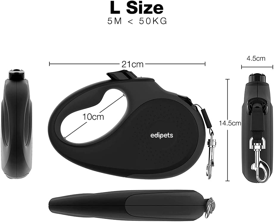 Edipets, Correa Perro Extensible, Retráctil, 5 Metros, 360º Sin Enredos, Cinta De Nailon Para Adiestramiento Y Paseo, Para Perro Grande Mediano Y Pequeño (Negro, < 50 Kg)
