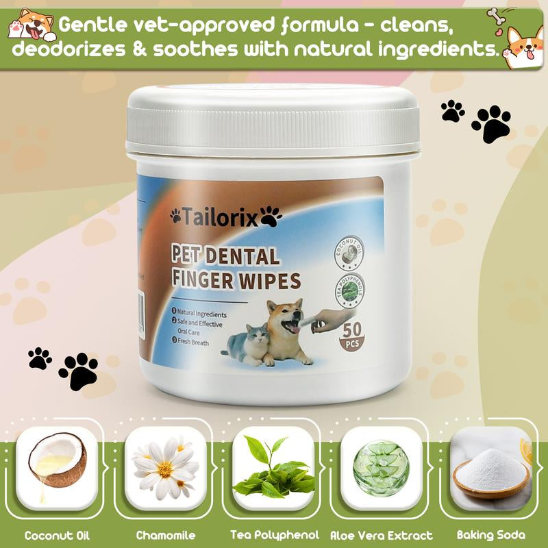 【Tailorix】Pet Care Finger Wipes for Dental, Ear, and Eye Hygiene.50 Clips,Grooming Kit Care for Dogs and Cats Grooming Wipes Freshens Breath, Easy to Use,