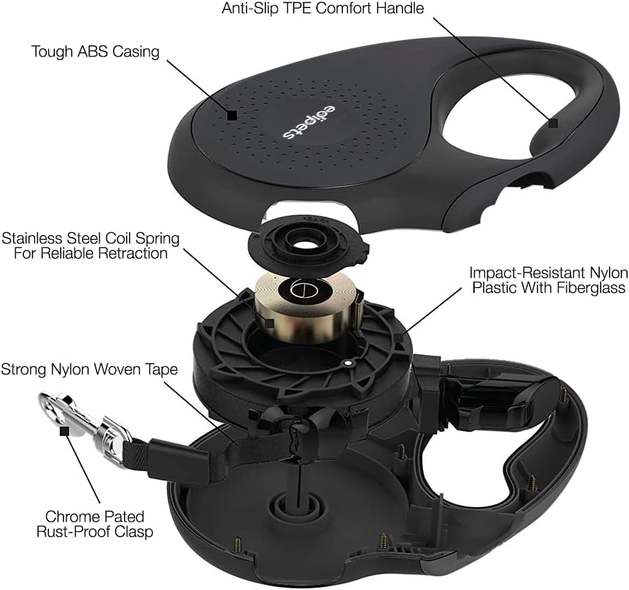 Edipets, Correa Perro Extensible, Retráctil, 5 Metros, 360º Sin Enredos, Cinta De Nailon Para Adiestramiento Y Paseo, Para Perro Grande Mediano Y Pequeño (Negro, < 50 Kg)