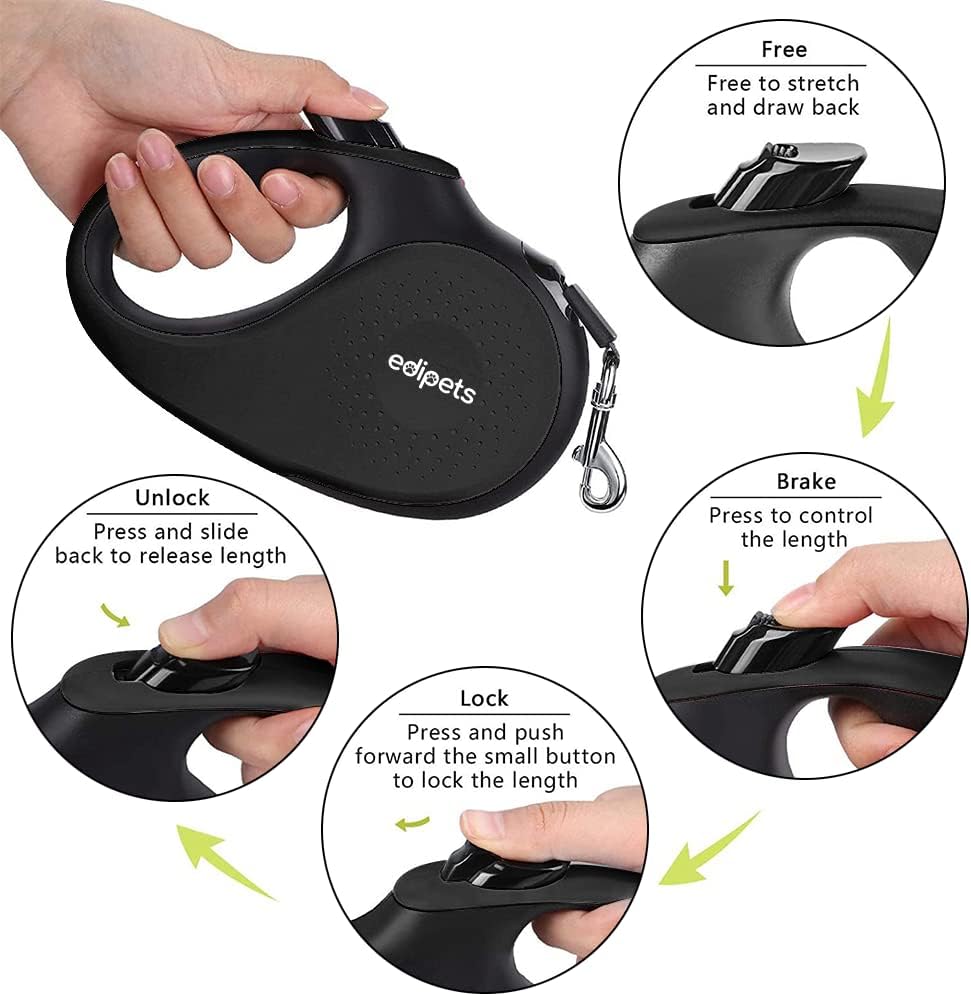 Edipets, Correa Perro Extensible, Retráctil, 5 Metros, 360º Sin Enredos, Cinta De Nailon Para Adiestramiento Y Paseo, Para Perro Grande Mediano Y Pequeño (Negro, < 50 Kg)