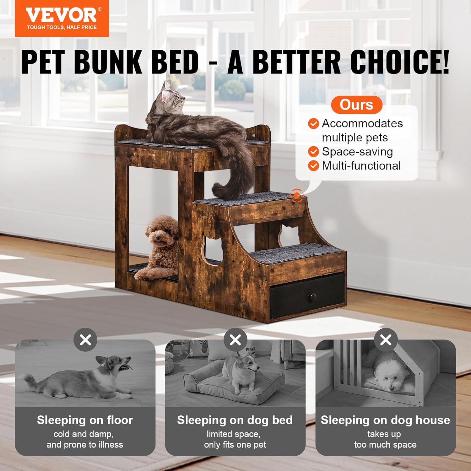 VEVOR Litera Para Perros Y Gatos Con Escaleras Extraíbles 830X450X675 Mm Múltiples Escalones Con Cajón De Almacenamiento Para Uso En Interiores, Hogar, Dormitorio, Cerca De Cama Y Ventana, Marrón