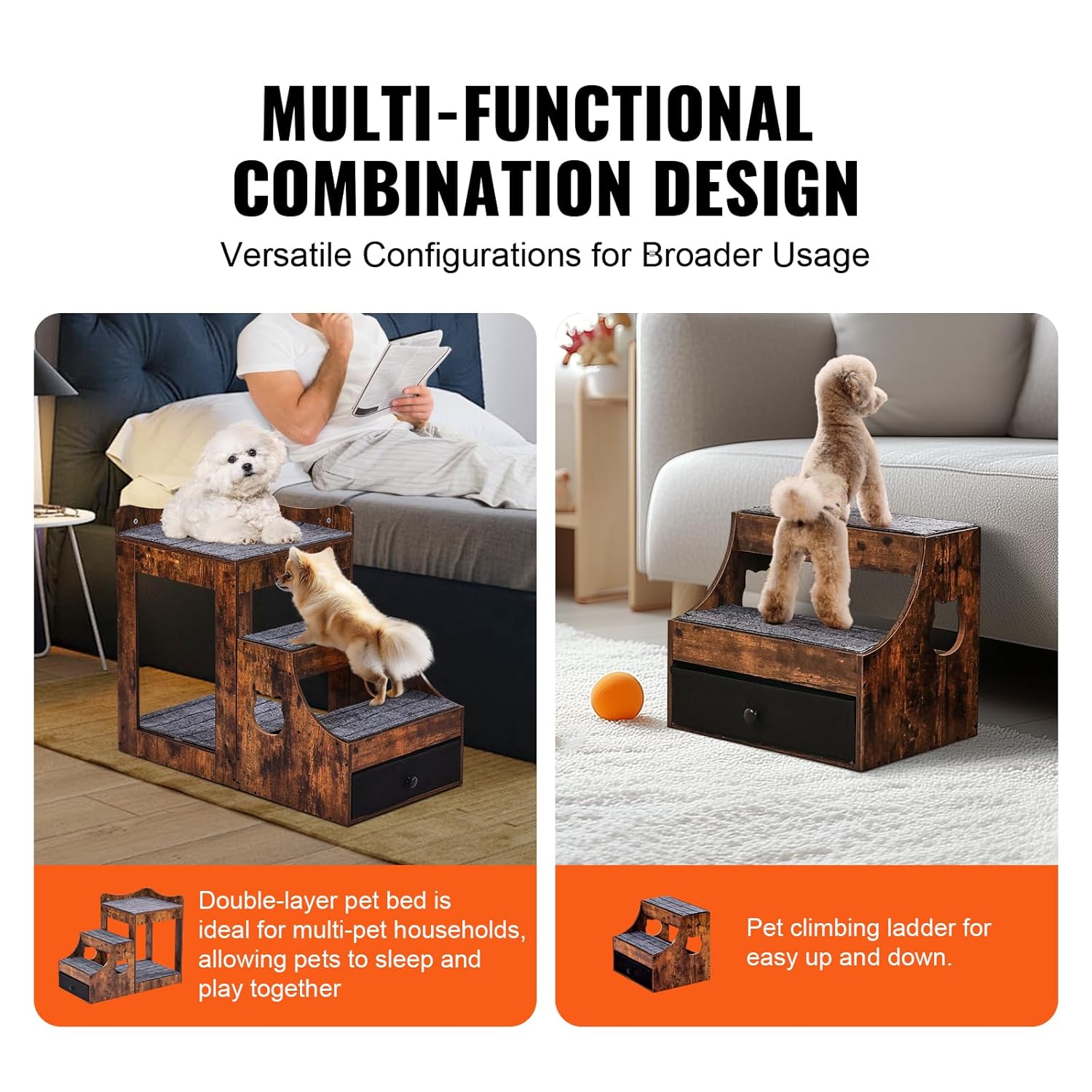 VEVOR Litera Para Perros Y Gatos Con Escaleras Extraíbles 830X450X675 Mm Múltiples Escalones Con Cajón De Almacenamiento Para Uso En Interiores, Hogar, Dormitorio, Cerca De Cama Y Ventana, Marrón