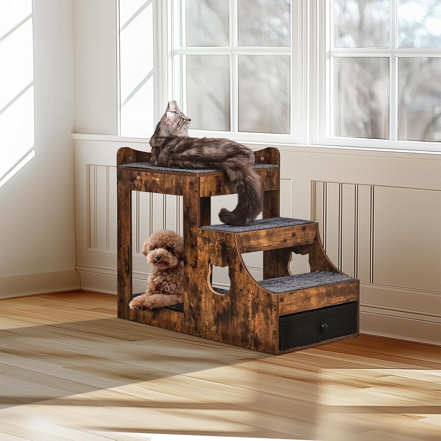 VEVOR Litera Para Perros Y Gatos Con Escaleras Extraíbles 830X450X675 Mm Múltiples Escalones Con Cajón De Almacenamiento Para Uso En Interiores, Hogar, Dormitorio, Cerca De Cama Y Ventana, Marrón
