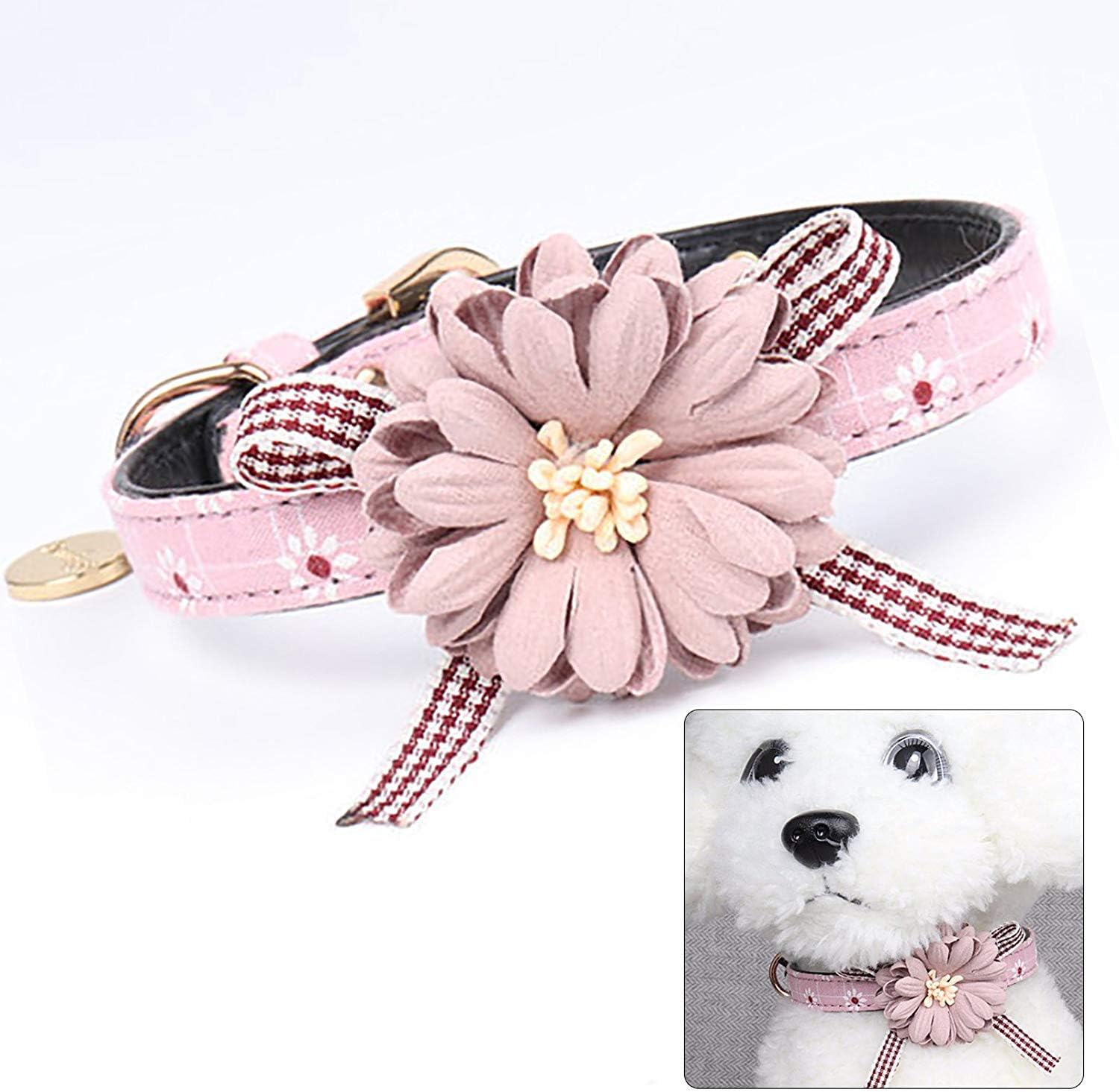 Collar De Cuero PU Ajustable Con Flor Para Perro Pequeños, Rosa