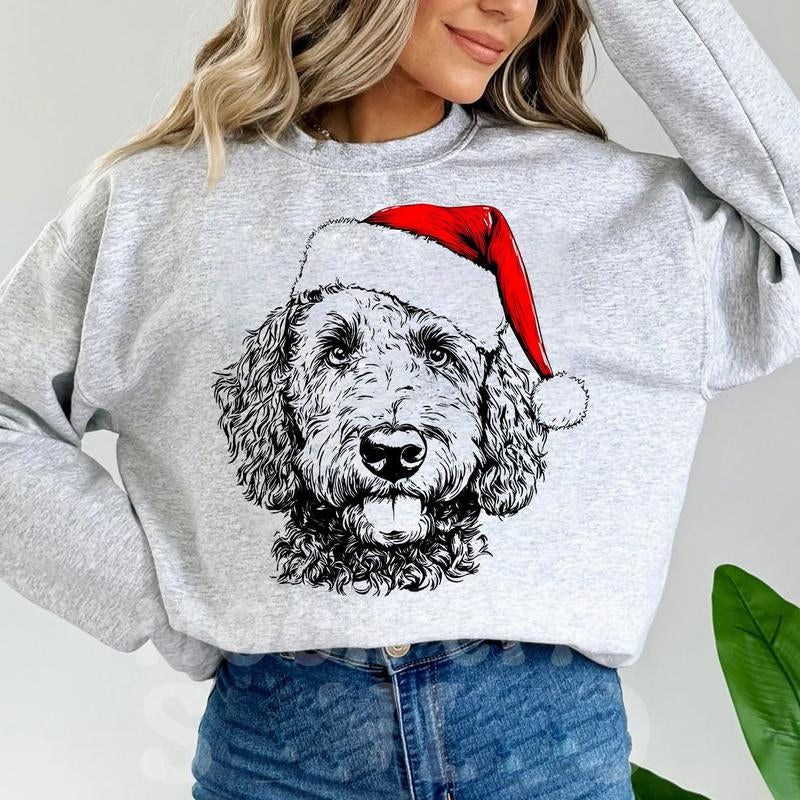 Festive Santa Paws Holiday Dog Pullover ASH GREY Sweatshirt – Custom Dog Breeds in Festive Santa Hat | Gildan Unisex Holiday Pullover