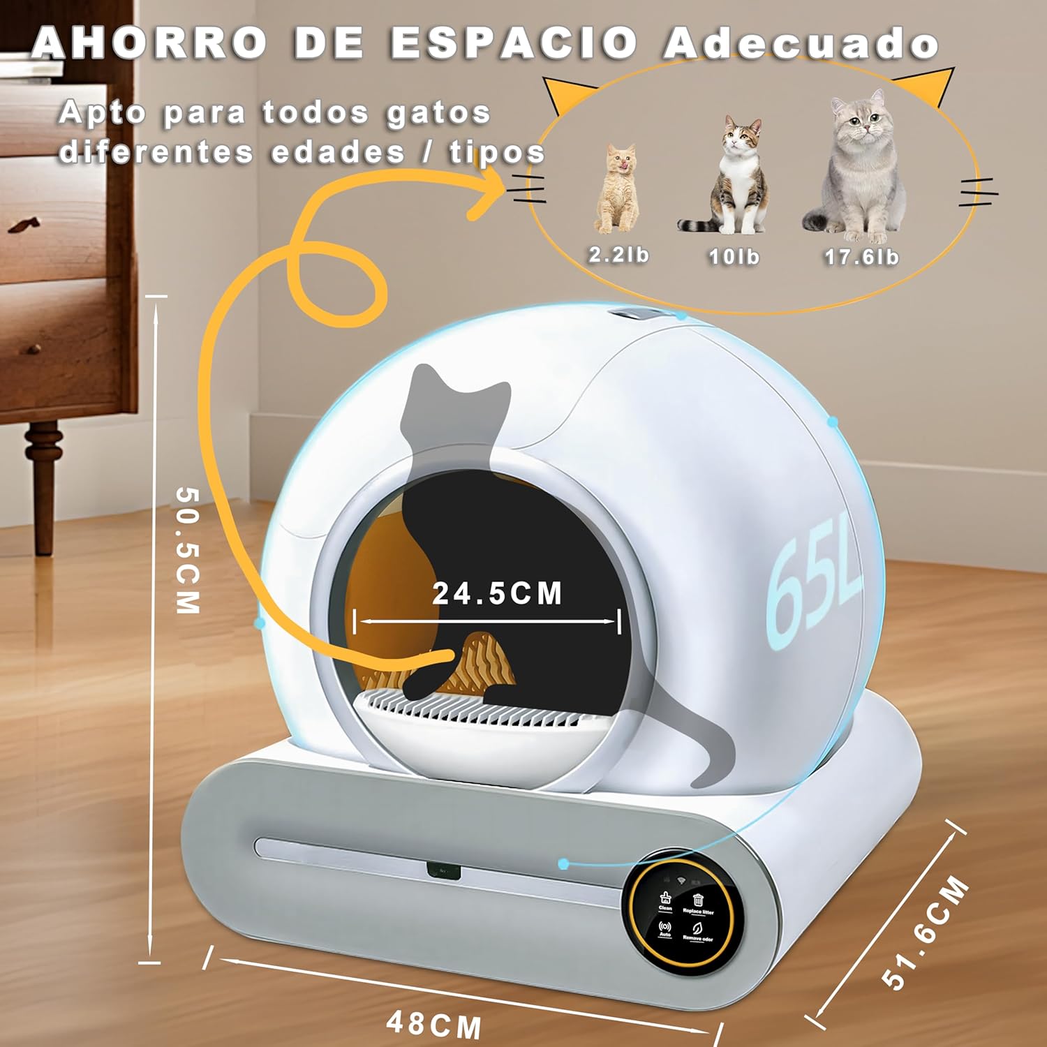 Arenero Gatos Autolimpiable, 74L Arenero Inteligente Para Gato Con Control App, Sin Fugas Orina, Eliminación De Olores Con 5 Rollos Bolsas Basura Y Tapetes Arena Gato Para Varios Gatos (A)