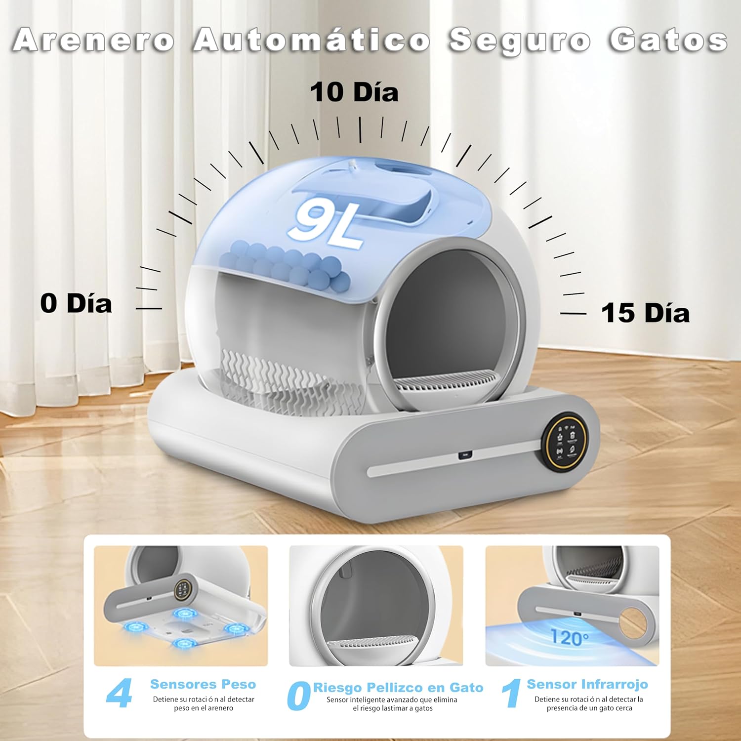 Arenero Gatos Autolimpiable, 74L Arenero Inteligente Para Gato Con Control App, Sin Fugas Orina, Eliminación De Olores Con 5 Rollos Bolsas Basura Y Tapetes Arena Gato Para Varios Gatos (A)