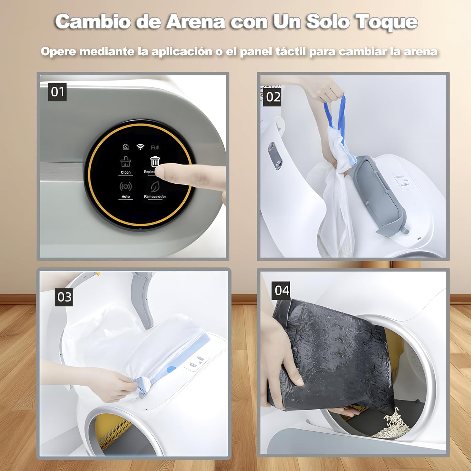 Arenero Gatos Autolimpiable, 74L Arenero Inteligente Para Gato Con Control App, Sin Fugas Orina, Eliminación De Olores Con 5 Rollos Bolsas Basura Y Tapetes Arena Gato Para Varios Gatos (A)