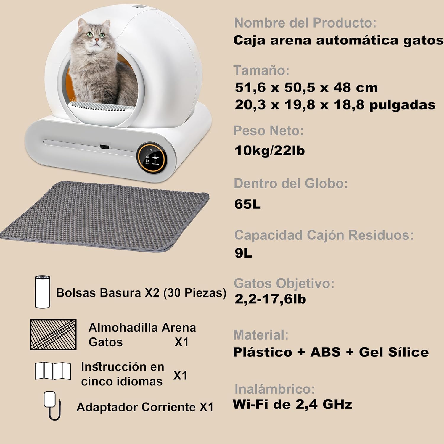 Arenero Gatos Autolimpiable, 74L Arenero Inteligente Para Gato Con Control App, Sin Fugas Orina, Eliminación De Olores Con 5 Rollos Bolsas Basura Y Tapetes Arena Gato Para Varios Gatos (A)