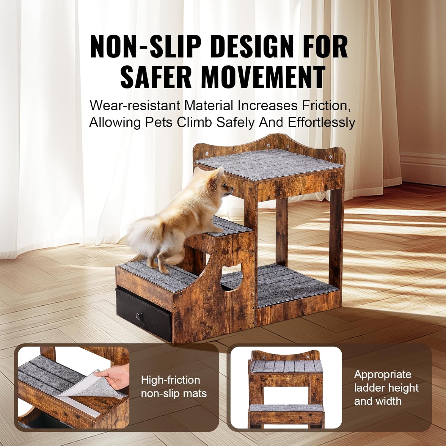 VEVOR Litera Para Perros Y Gatos Con Escaleras Extraíbles 830X450X675 Mm Múltiples Escalones Con Cajón De Almacenamiento Para Uso En Interiores, Hogar, Dormitorio, Cerca De Cama Y Ventana, Marrón