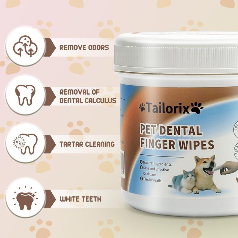 【Tailorix】Pet Care Finger Wipes for Dental, Ear, and Eye Hygiene.50 Clips,Grooming Kit Care for Dogs and Cats Grooming Wipes Freshens Breath, Easy to Use,