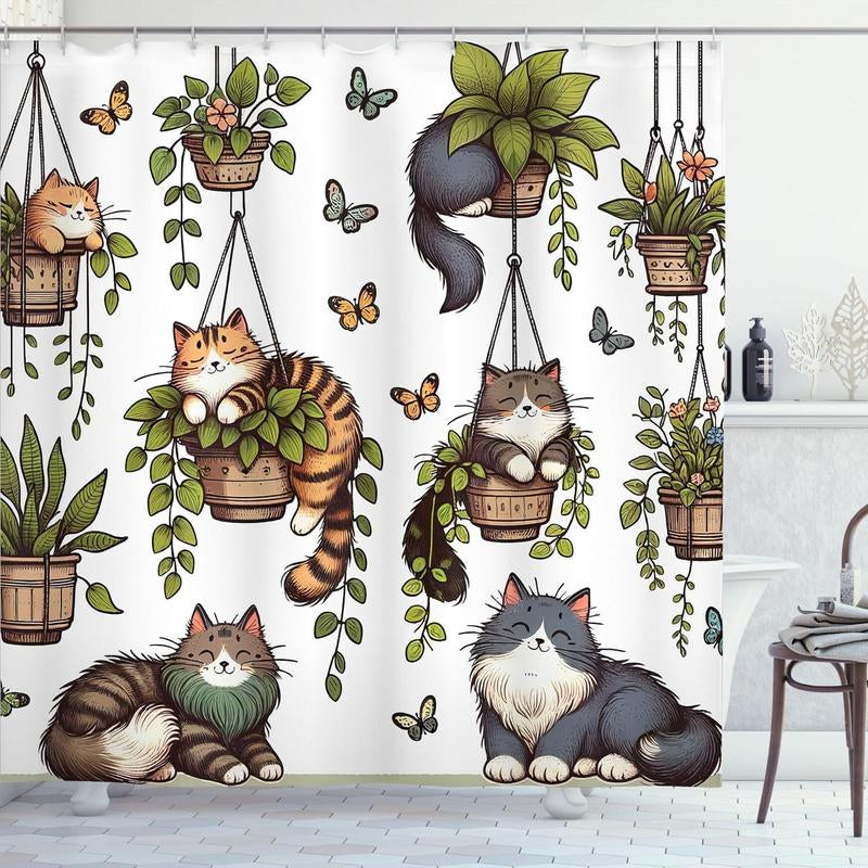 Cat & Plants Pattern Shower Curtain, Cute Cartoon Animal Pattern Bathroom Curtain with 12Pcs Hooks, Bathroom Accessories for Home Dormitory Hotel Decor