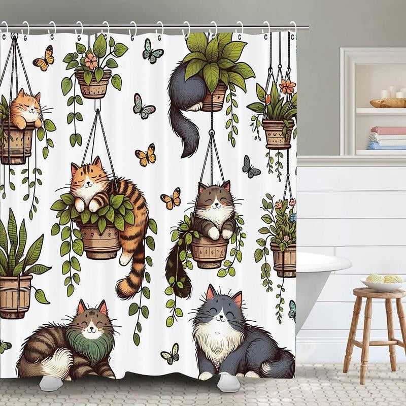 Cat & Plants Pattern Shower Curtain, Cute Cartoon Animal Pattern Bathroom Curtain with 12Pcs Hooks, Bathroom Accessories for Home Dormitory Hotel Decor