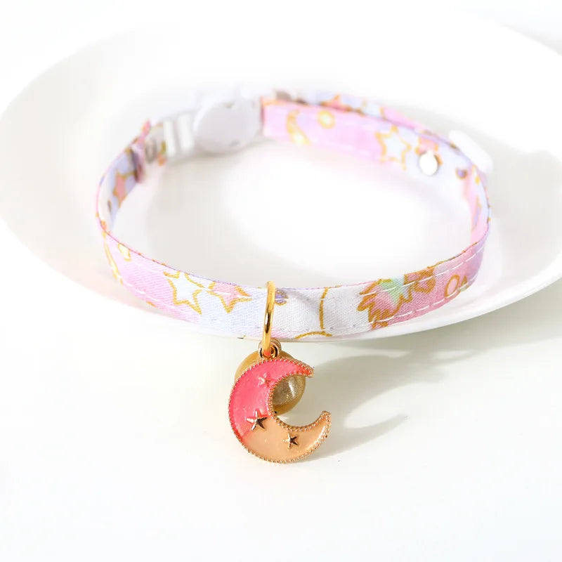 Cute Cat Collars with Moon Pendant Adjustable Safety Kitten Collar Puppy Chihuahua Raabit Necklace with Bells Pets Accessories