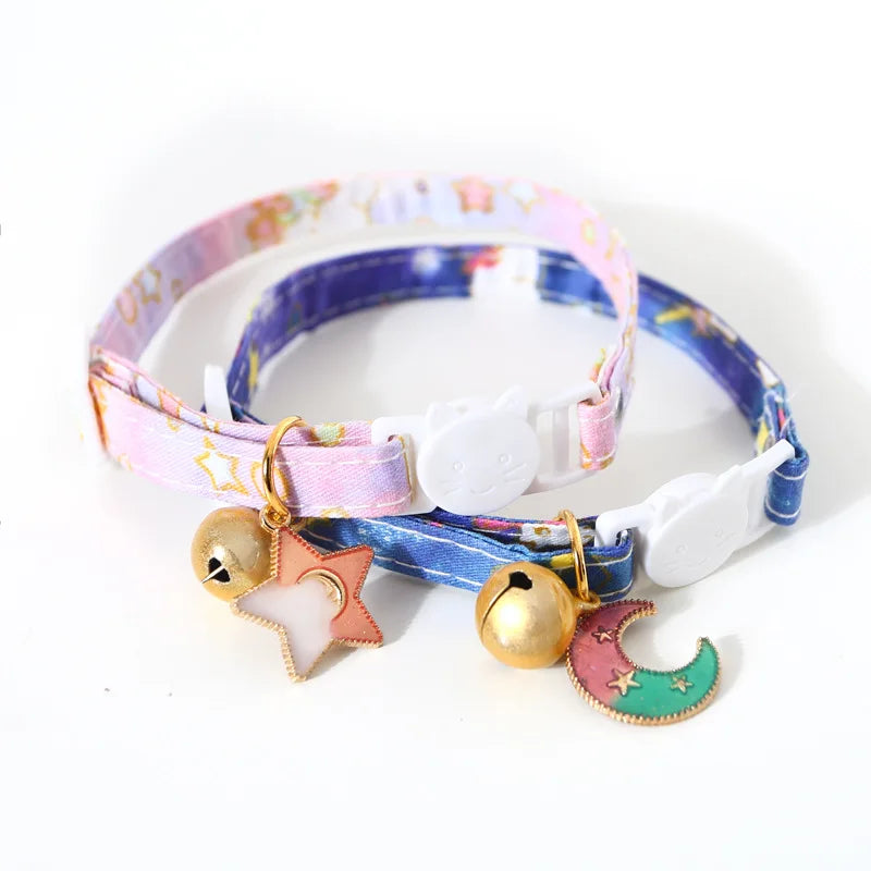 Cute Cat Collars with Moon Pendant Adjustable Safety Kitten Collar Puppy Chihuahua Raabit Necklace with Bells Pets Accessories