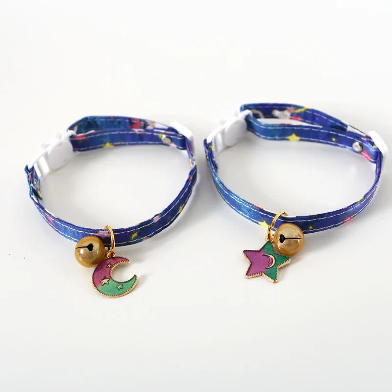 Cute Cat Collars with Moon Pendant Adjustable Safety Kitten Collar Puppy Chihuahua Raabit Necklace with Bells Pets Accessories