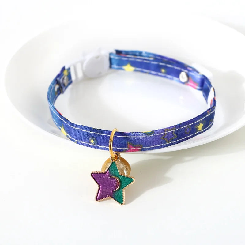Cute Cat Collars with Moon Pendant Adjustable Safety Kitten Collar Puppy Chihuahua Raabit Necklace with Bells Pets Accessories