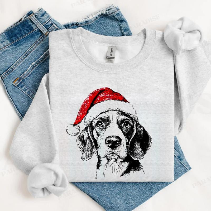 Festive Santa Paws Holiday Dog Pullover ASH GREY Sweatshirt – Custom Dog Breeds in Festive Santa Hat | Gildan Unisex Holiday Pullover