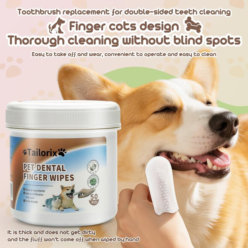 【Tailorix】Pet Care Finger Wipes for Dental, Ear, and Eye Hygiene.50 Clips,Grooming Kit Care for Dogs and Cats Grooming Wipes Freshens Breath, Easy to Use,
