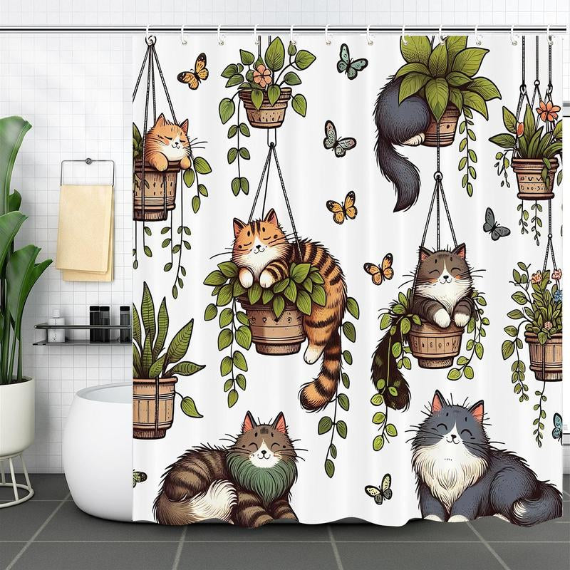 Cat & Plants Pattern Shower Curtain, Cute Cartoon Animal Pattern Bathroom Curtain with 12Pcs Hooks, Bathroom Accessories for Home Dormitory Hotel Decor