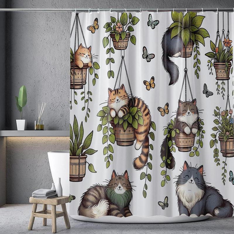 Cat & Plants Pattern Shower Curtain, Cute Cartoon Animal Pattern Bathroom Curtain with 12Pcs Hooks, Bathroom Accessories for Home Dormitory Hotel Decor