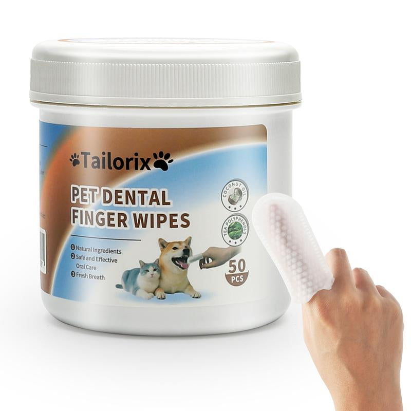 【Tailorix】Pet Care Finger Wipes for Dental, Ear, and Eye Hygiene.50 Clips,Grooming Kit Care for Dogs and Cats Grooming Wipes Freshens Breath, Easy to Use,