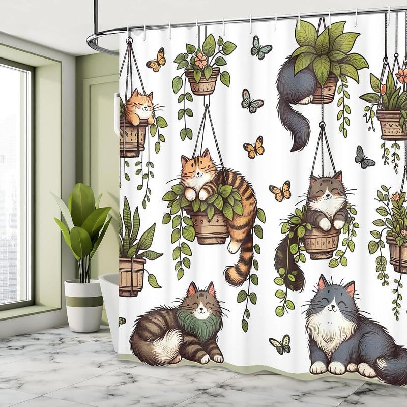 Cat & Plants Pattern Shower Curtain, Cute Cartoon Animal Pattern Bathroom Curtain with 12Pcs Hooks, Bathroom Accessories for Home Dormitory Hotel Decor