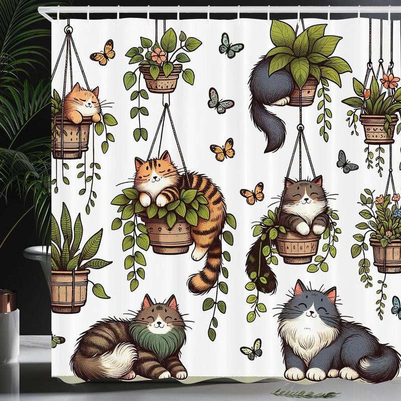 Cat & Plants Pattern Shower Curtain, Cute Cartoon Animal Pattern Bathroom Curtain with 12Pcs Hooks, Bathroom Accessories for Home Dormitory Hotel Decor